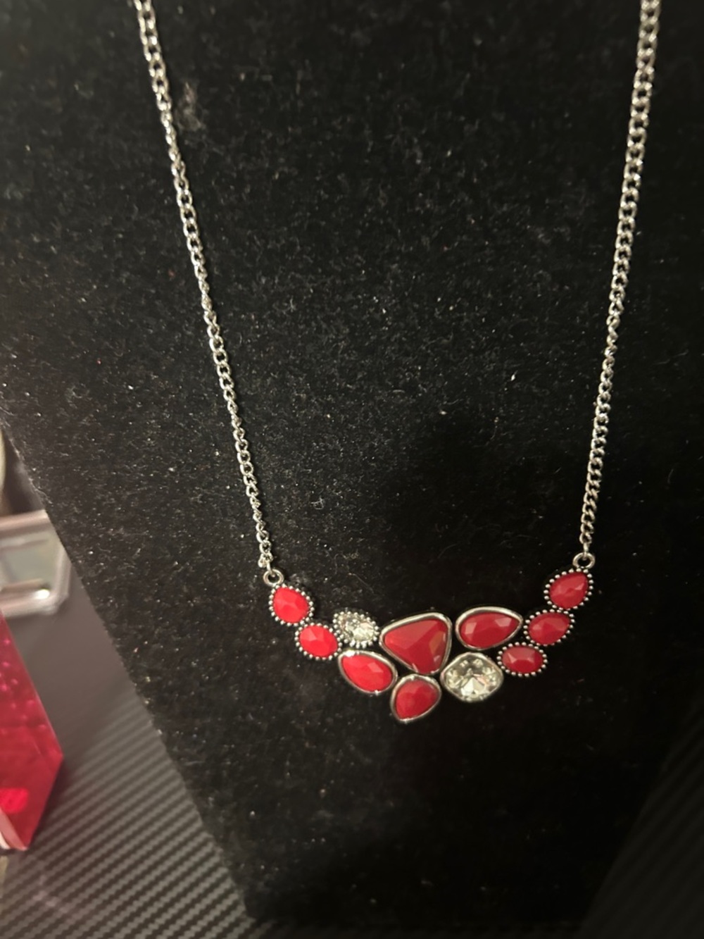 Silver-Tone Necklace with Red Gem Accents